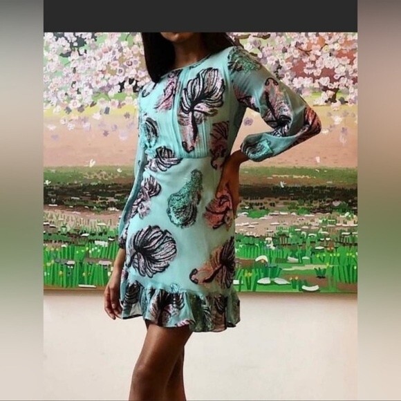 Cynthia Rowley Inverness Metallic Fish Blouson-sleeve Dress In Green Sz4 - Picture 12 of 13